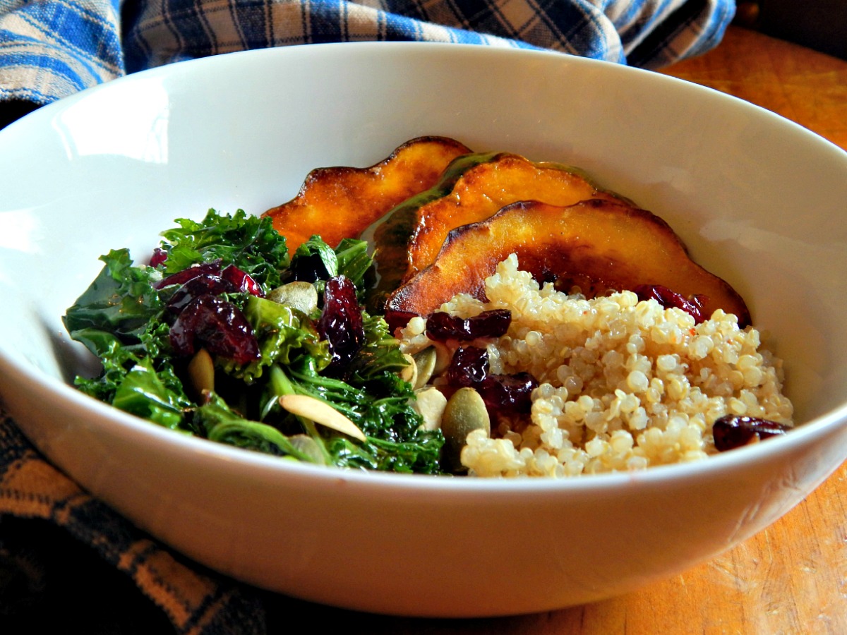Wilted Kale Salad with Acorn Squash and Warm Cranberry Vinaigrette