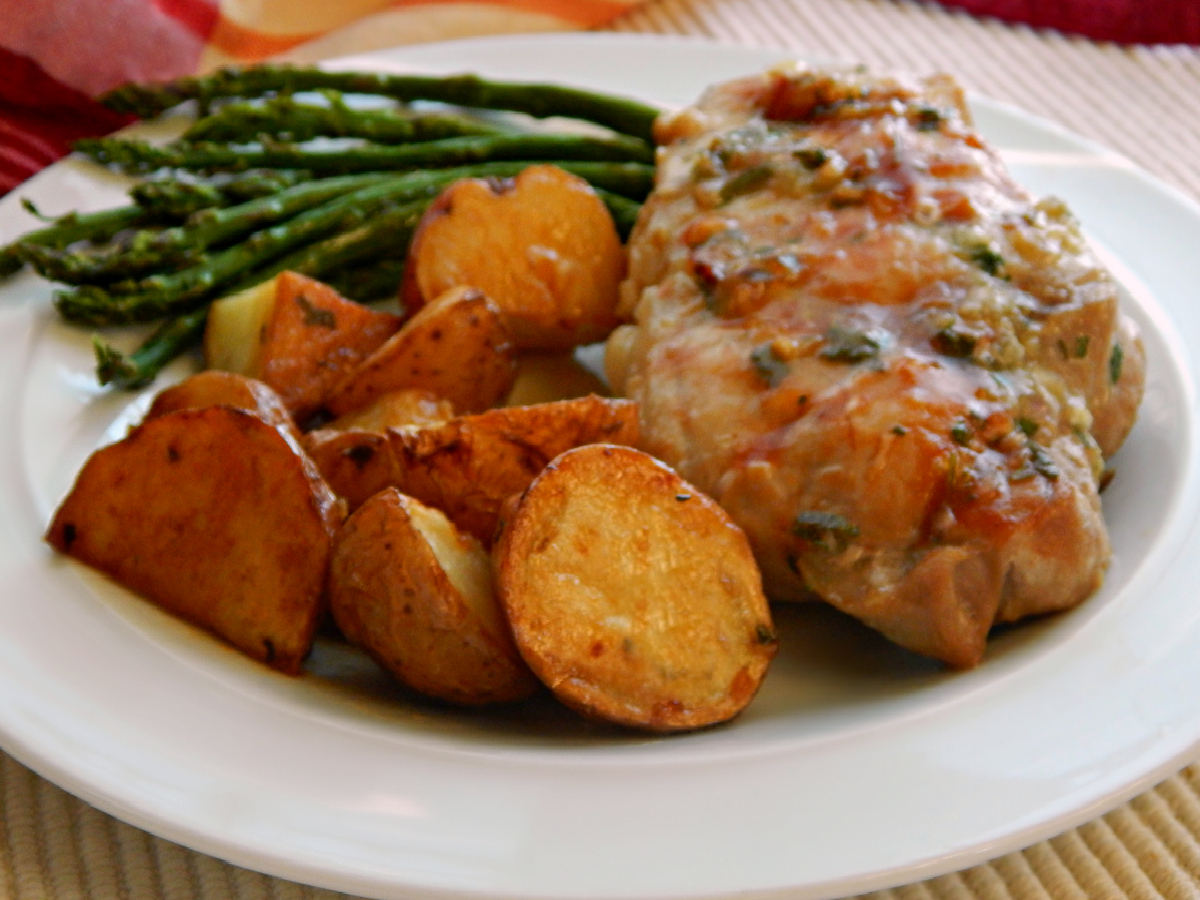 Herb Rubbed Beer Brined Pork Chops with Roasted Potatoes