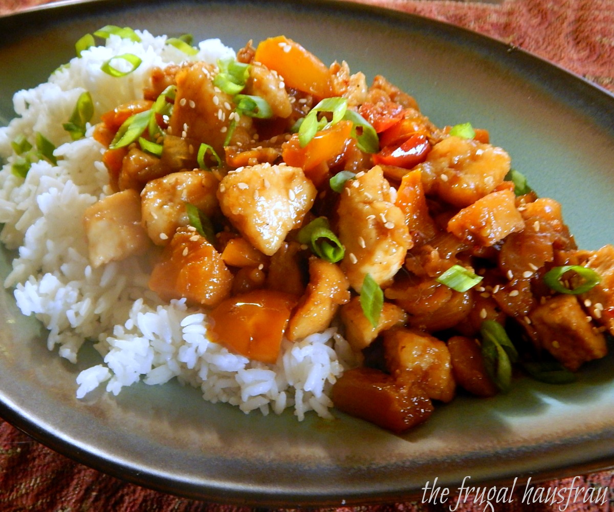 Pineapple Chicken - Chunks of Chicken, bell pepper, onion & pineapple stir fried in a spicy/sweet sauce